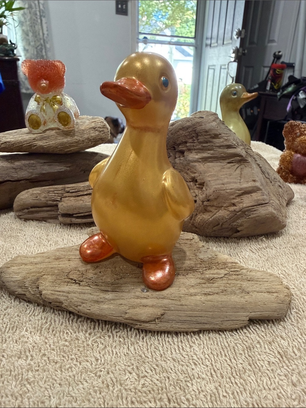 Golden Resin Duck Figurine with Metallic Orange Beak and Feet